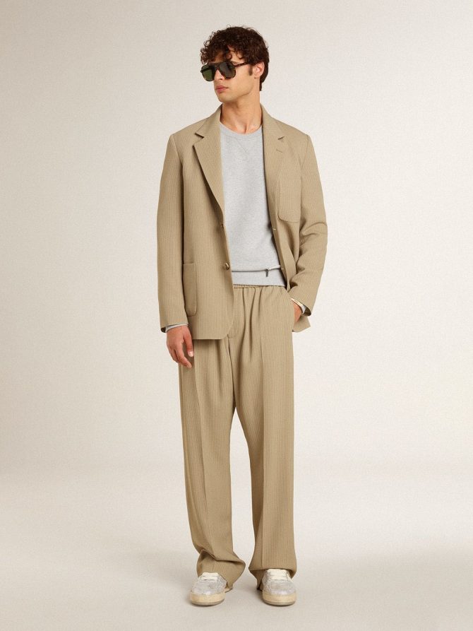 Men’s beige pinstripe single-breasted jacket with an oversized fit - Image 3