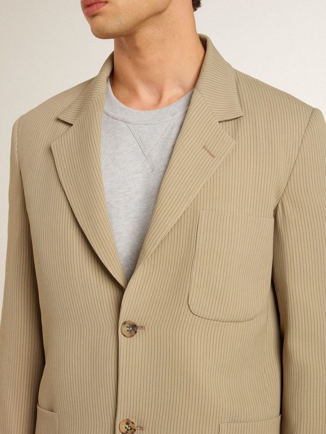 Men’s beige pinstripe single-breasted jacket with an oversized fit - Image 5