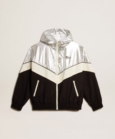 Men’s windcheater in silver and black technical fabric