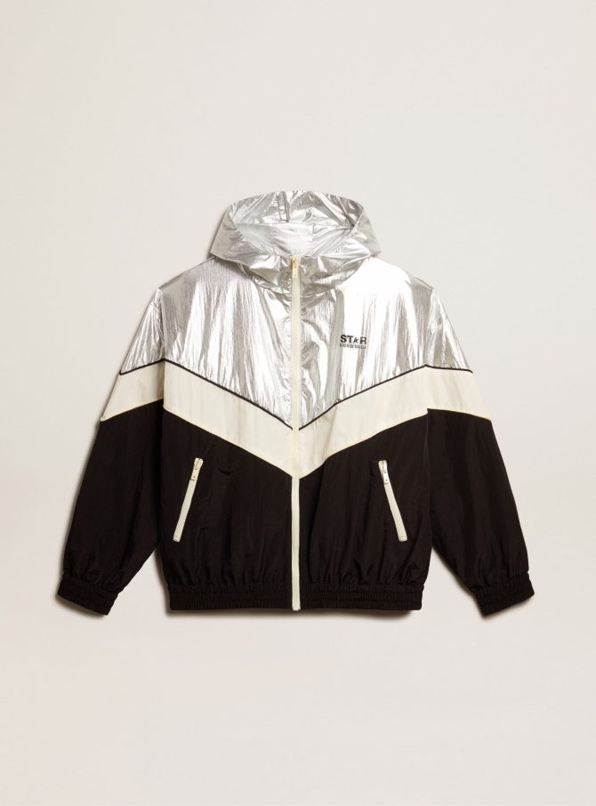 Men’s windcheater in silver and black technical fabric