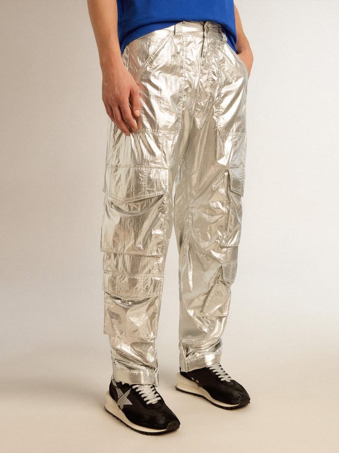 Men’s cargo pants in silver technical fabric - Image 2