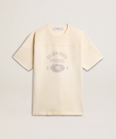 Men’s cotton T-shirt in vintage white with raw edge on the front