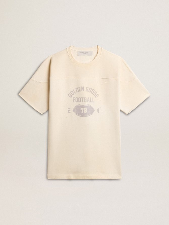 Men’s cotton T-shirt in vintage white with raw edge on the front