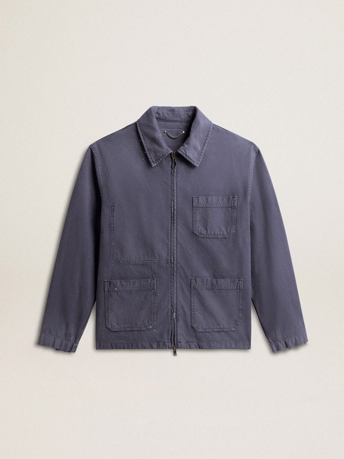 Men’s blue jacket in denim cotton with distressed treatment