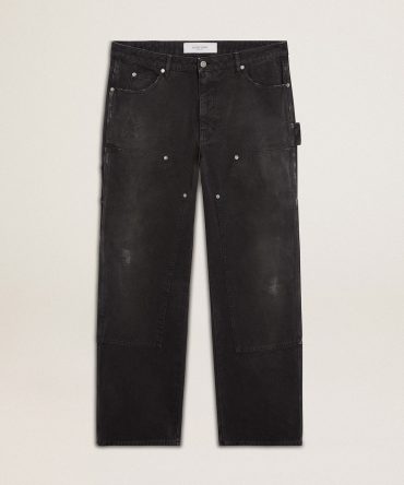 Men’s distressed black cotton jeans with front patches