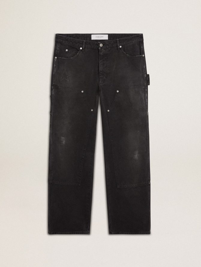 Men’s distressed black cotton jeans with front patches