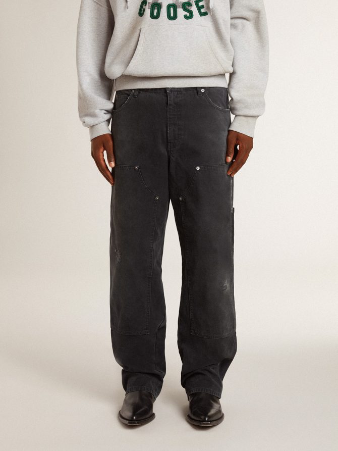 Men’s distressed black cotton jeans with front patches - Image 2