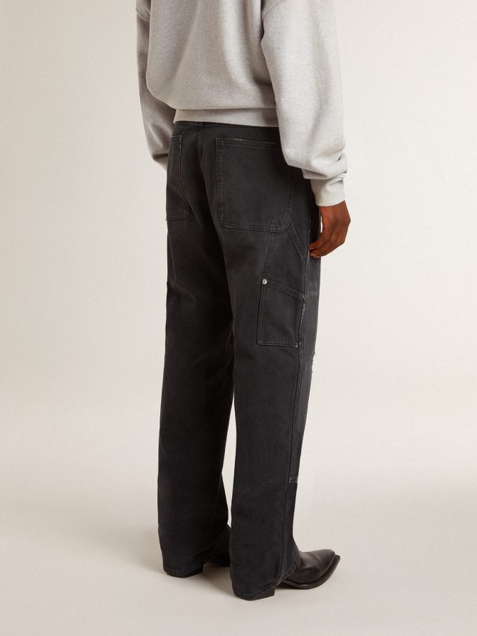 Men’s distressed black cotton jeans with front patches - Image 3