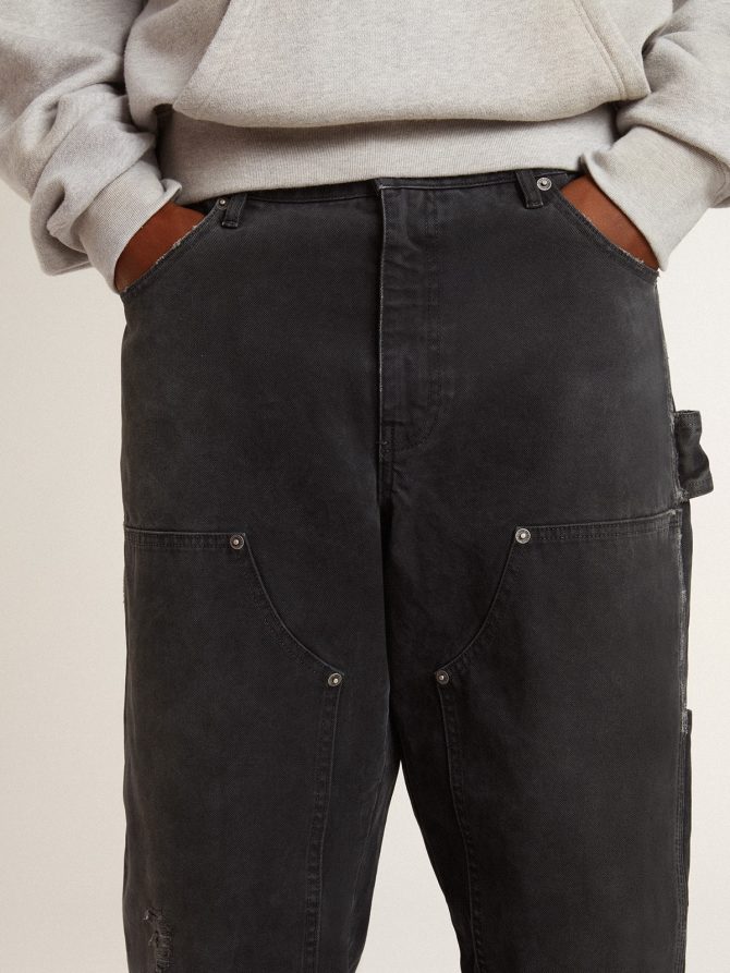 Men’s distressed black cotton jeans with front patches - Image 4