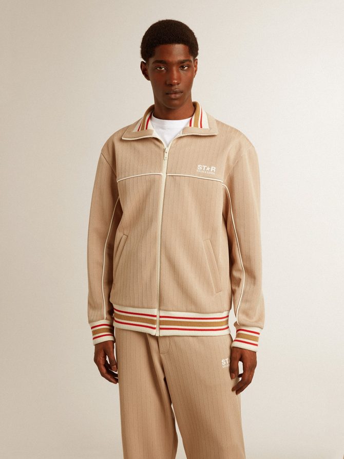 Men’s light beige zipped sweatshirt with white logo - Image 2