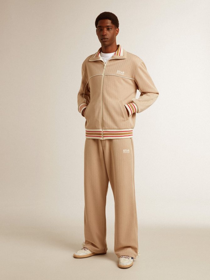 Men’s light beige zipped sweatshirt with white logo - Image 3