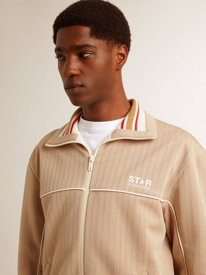 Men’s light beige zipped sweatshirt with white logo - Image 4