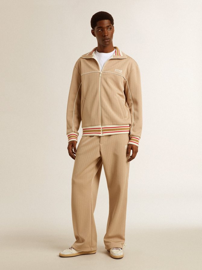 Men’s light beige joggers with white logo - Image 3