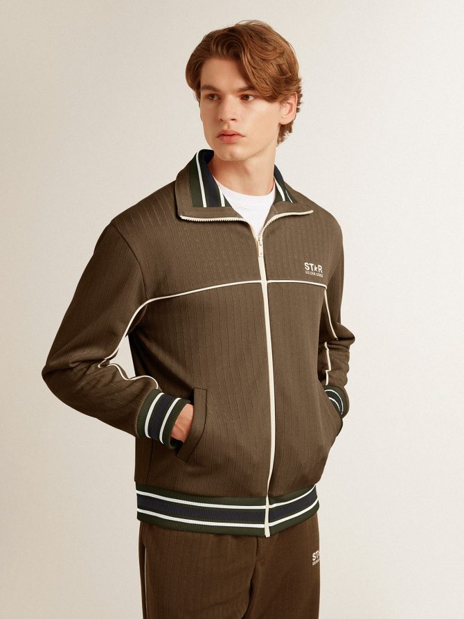 Men’s military green zipped sweatshirt with white logo - Image 2