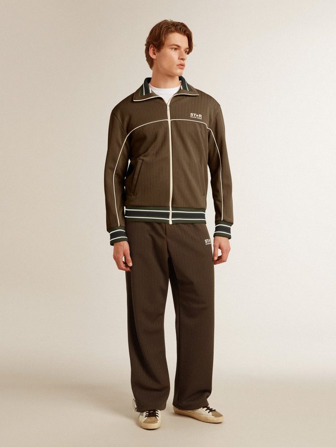 Men’s military green zipped sweatshirt with white logo - Image 3
