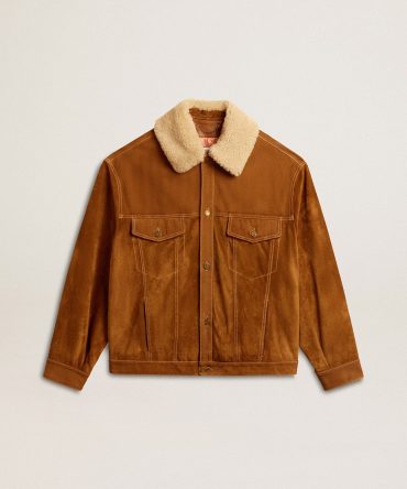Men’s jacket in tobacco-colored split leather with a shearling collar