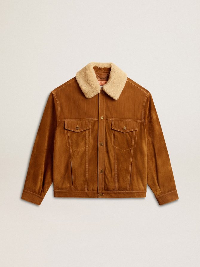 Men’s jacket in tobacco-colored split leather with a shearling collar