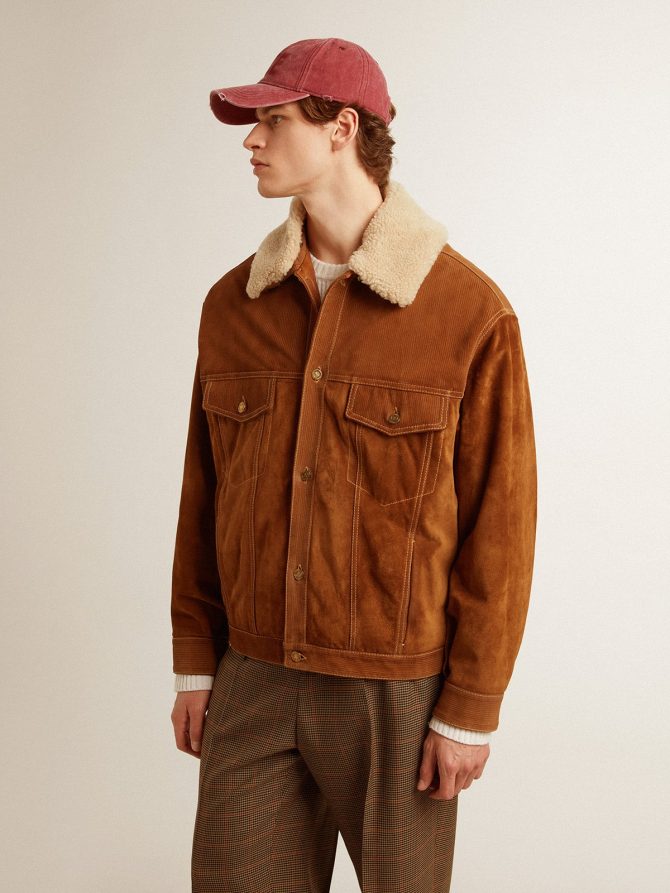 Men’s jacket in tobacco-colored split leather with a shearling collar - Image 2