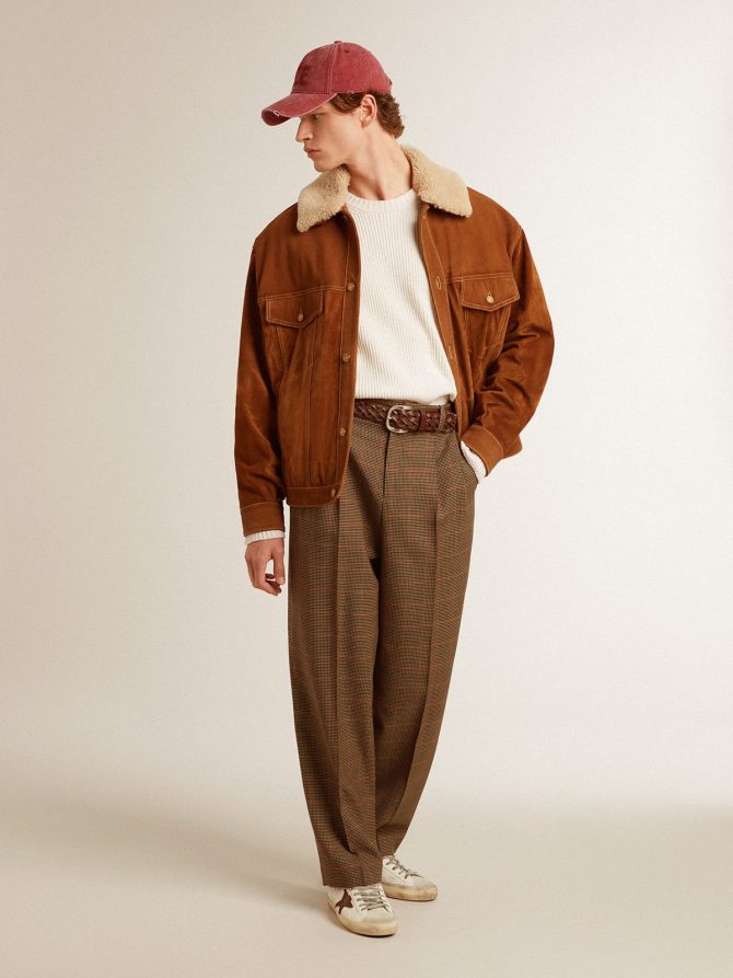 Men’s jacket in tobacco-colored split leather with a shearling collar - Image 3