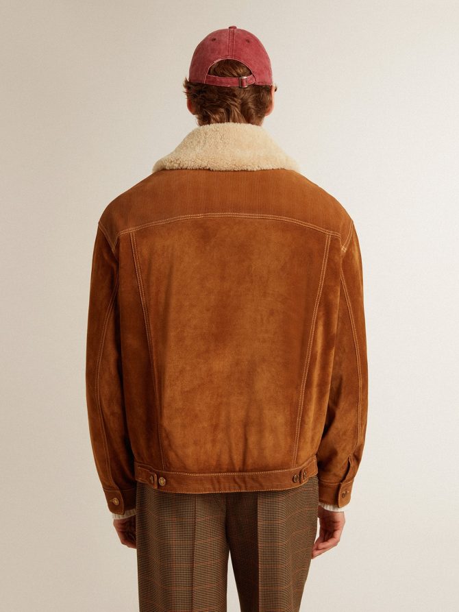 Men’s jacket in tobacco-colored split leather with a shearling collar - Image 4