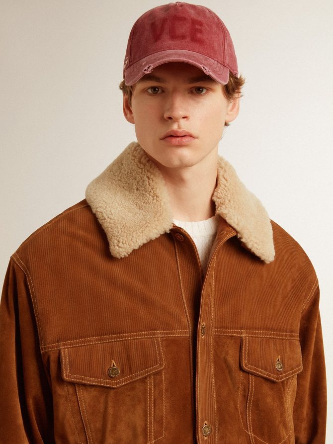 Men’s jacket in tobacco-colored split leather with a shearling collar - Image 5