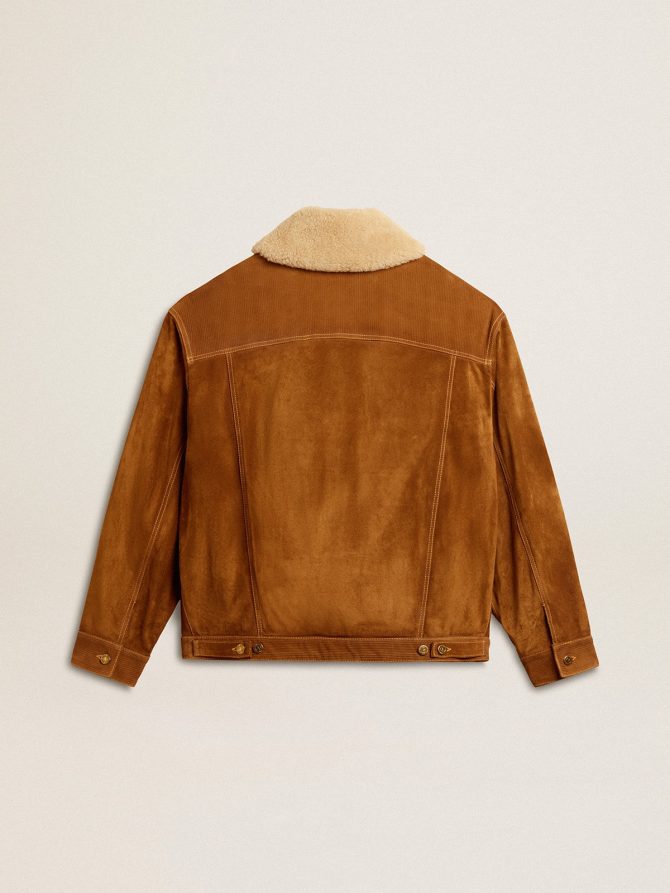 Men’s jacket in tobacco-colored split leather with a shearling collar - Image 6