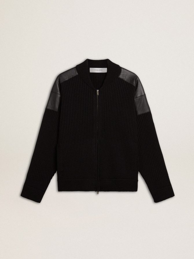 Men’s black merino wool jacket with leather patches