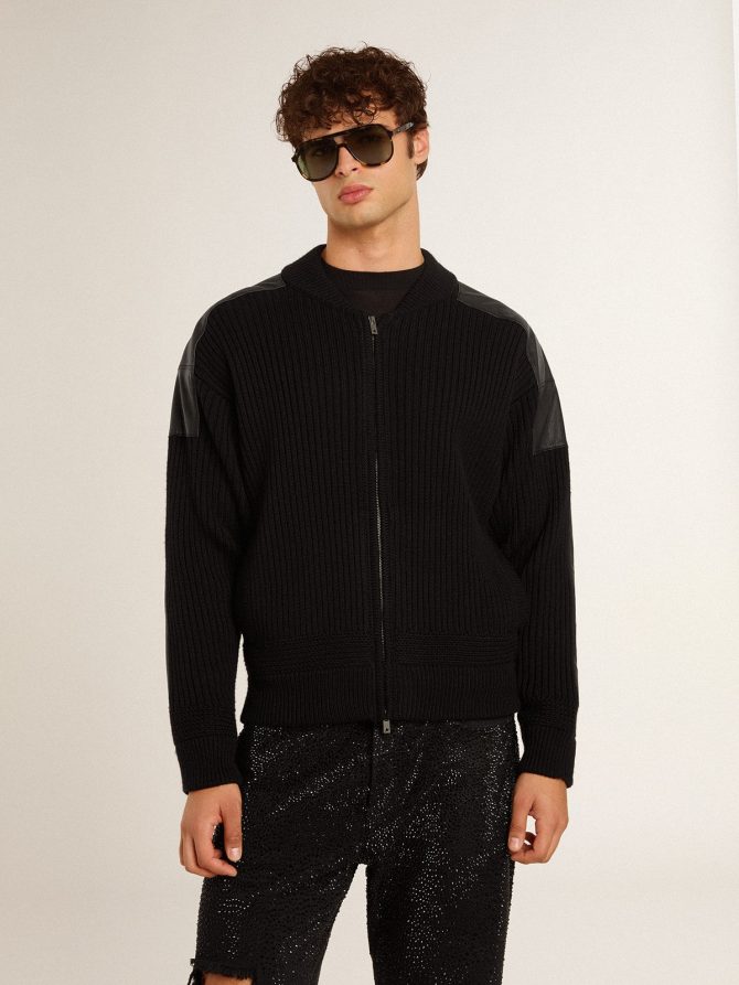 Men’s black merino wool jacket with leather patches - Image 2