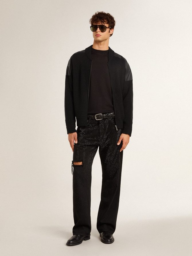 Men’s black merino wool jacket with leather patches - Image 3