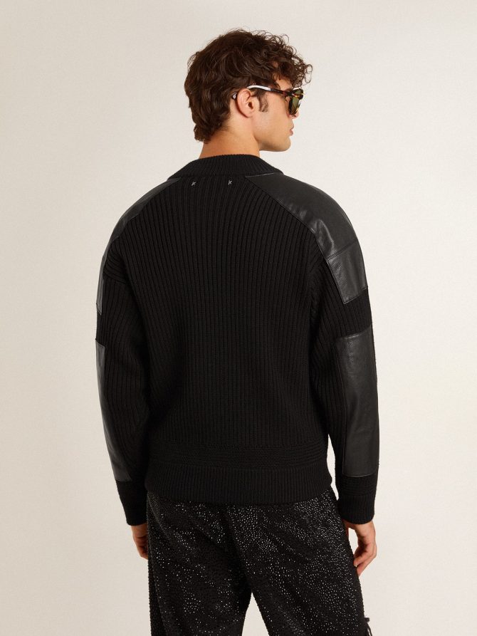 Men’s black merino wool jacket with leather patches - Image 4