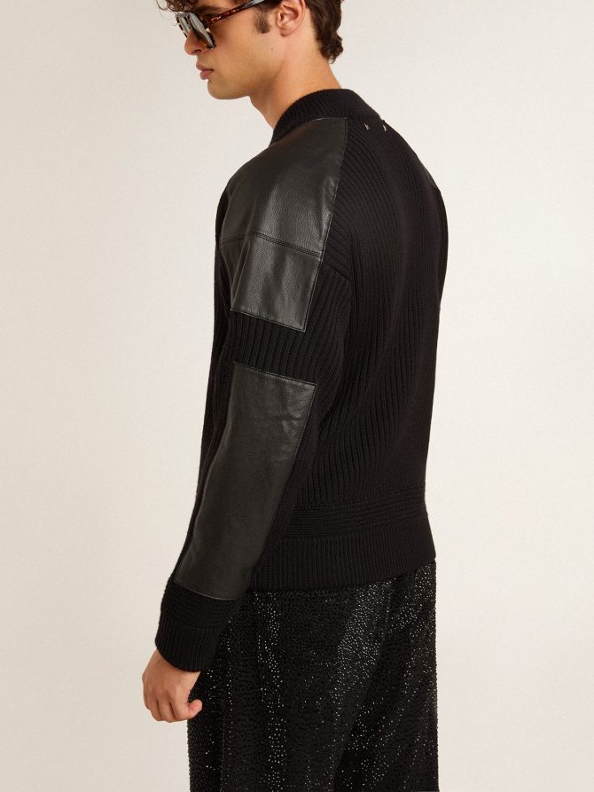 Men’s black merino wool jacket with leather patches - Image 5