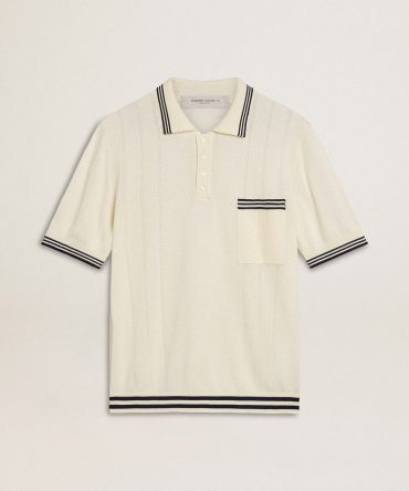 Men’s worn-white knitted polo shirt with blue ribbing
