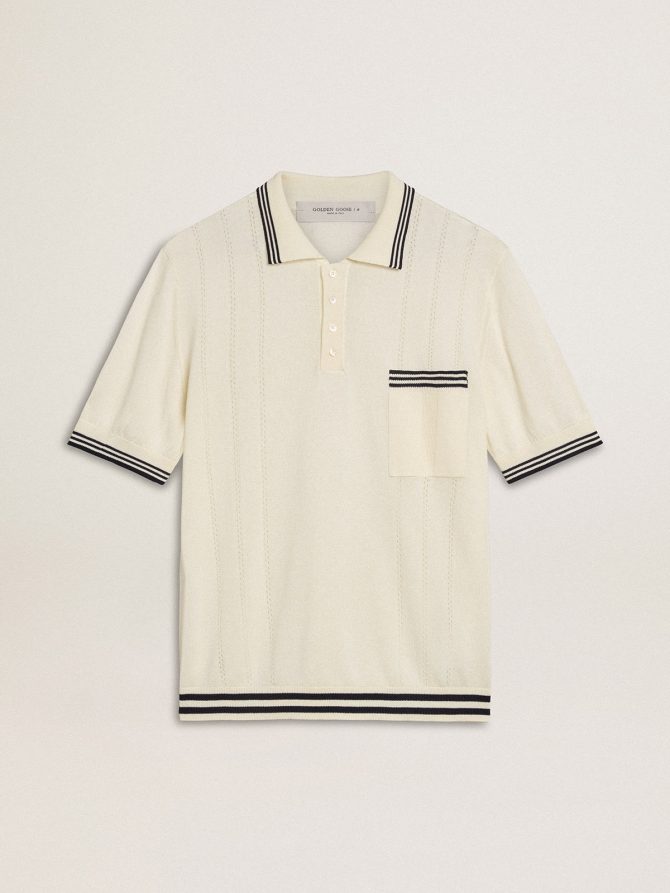 Men’s worn-white knitted polo shirt with blue ribbing