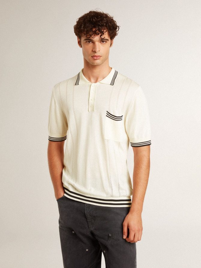Men’s worn-white knitted polo shirt with blue ribbing - Image 2