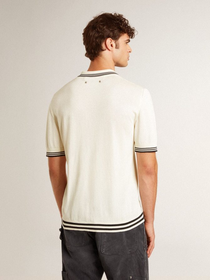 Men’s worn-white knitted polo shirt with blue ribbing - Image 4