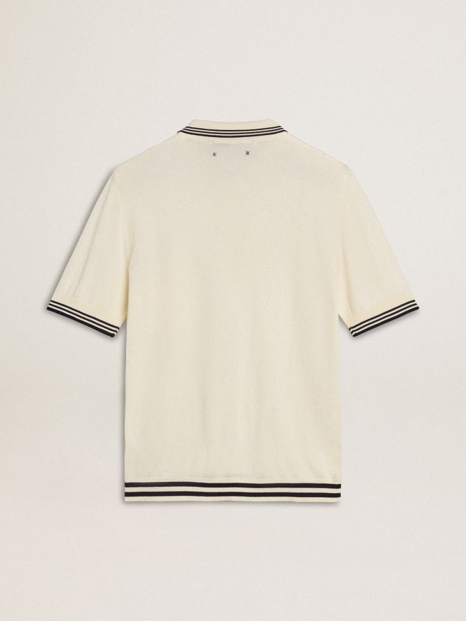 Men’s worn-white knitted polo shirt with blue ribbing - Image 6