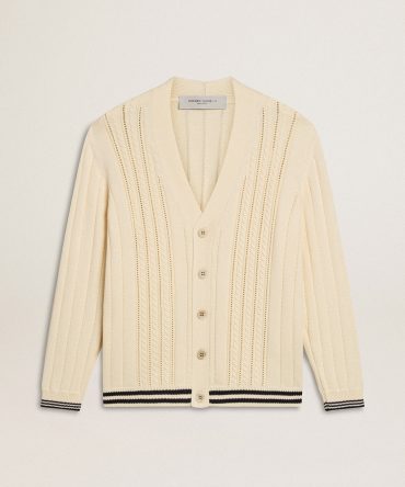 Men’s white cotton cardigan with a cable pattern and blue ribbing
