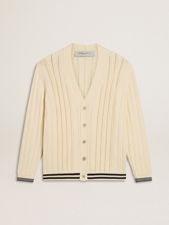 Men’s white cotton cardigan with a cable pattern and blue ribbing