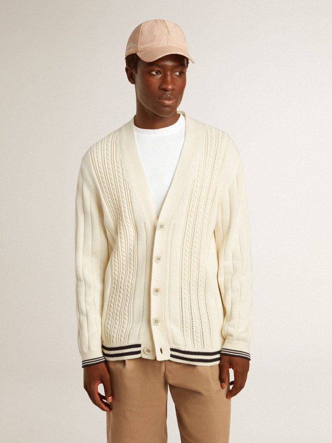 Men’s white cotton cardigan with a cable pattern and blue ribbing - Image 2