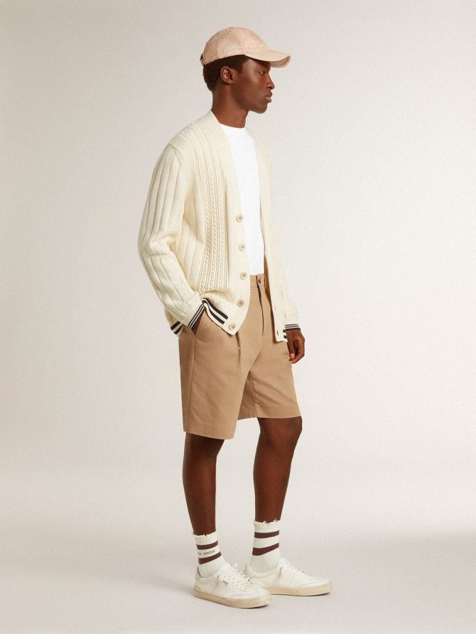 Men’s white cotton cardigan with a cable pattern and blue ribbing - Image 3