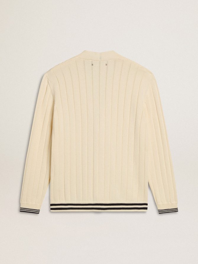Men’s white cotton cardigan with a cable pattern and blue ribbing - Image 6