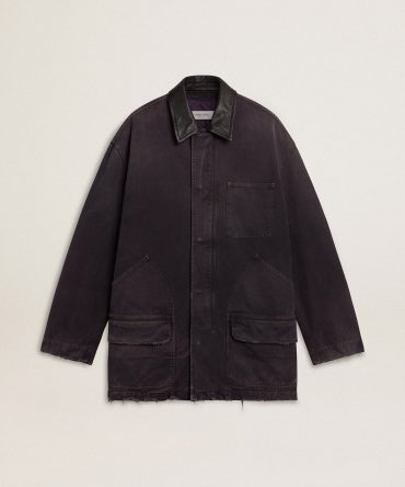Men’s denim jacket with distressed details and leather collar