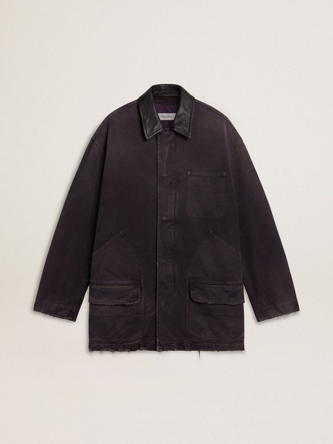 Men’s denim jacket with distressed details and leather collar
