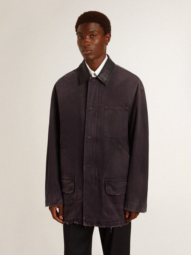 Men’s denim jacket with distressed details and leather collar - Image 2