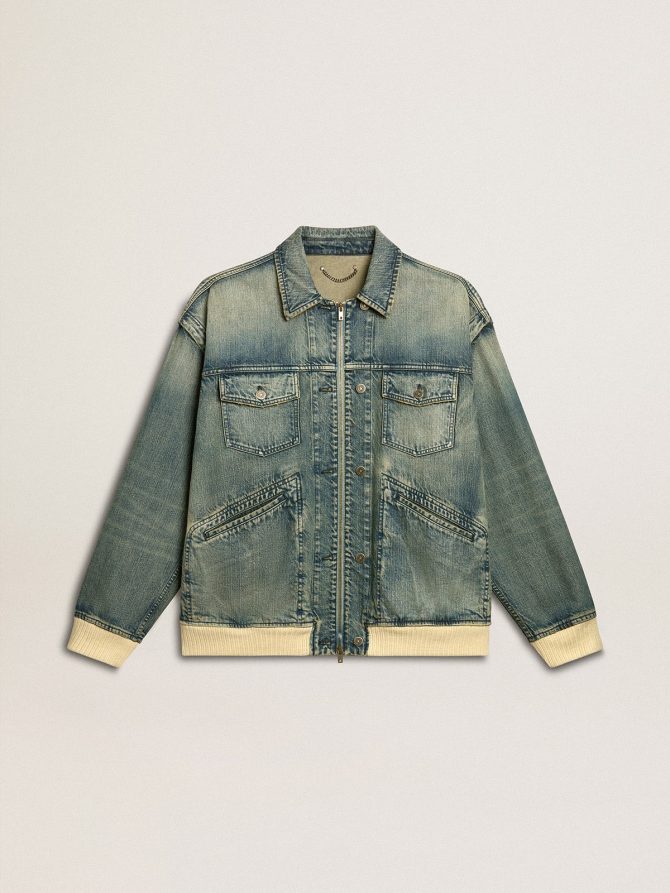 Men’s washed denim jacket with wool blend ribbing