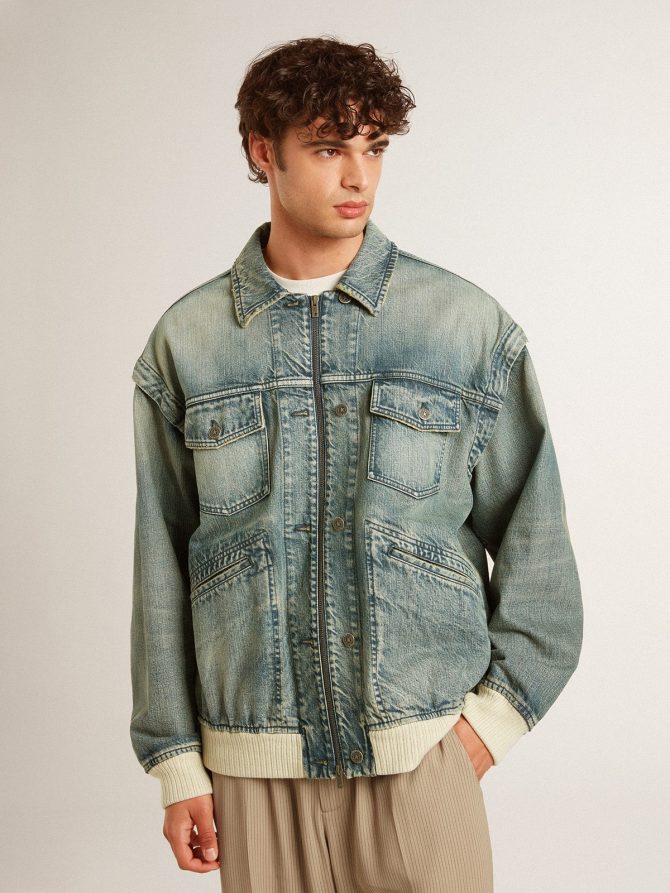 Men’s washed denim jacket with wool blend ribbing - Image 2