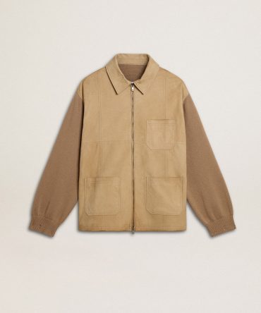 Men’s jacket in travertine-colored nubuck leather with wool-blend sleeves and back