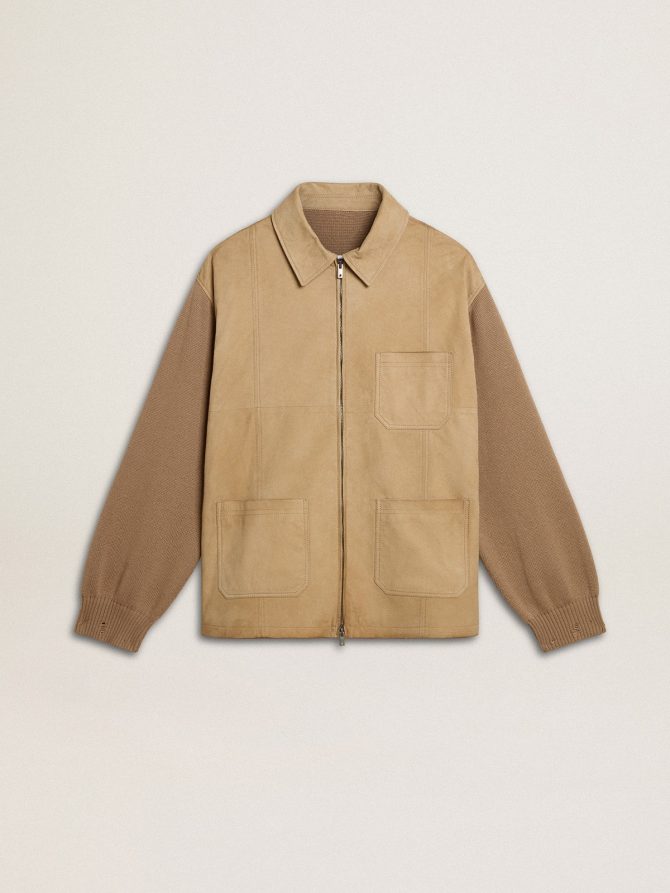 Men’s jacket in travertine-colored nubuck leather with wool-blend sleeves and back