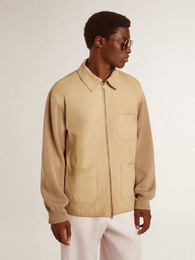Men’s jacket in travertine-colored nubuck leather with wool-blend sleeves and back - Image 2