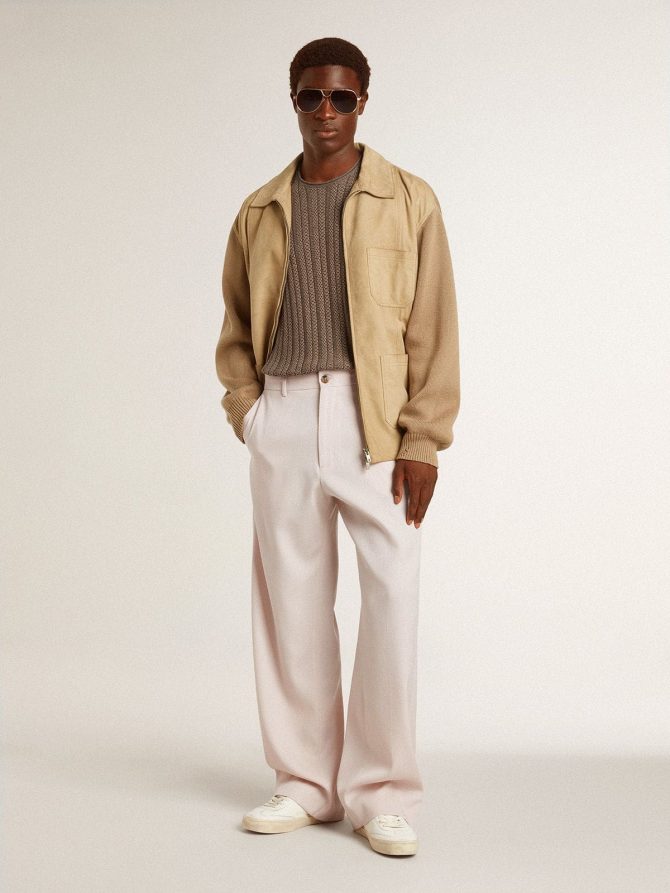 Men’s jacket in travertine-colored nubuck leather with wool-blend sleeves and back - Image 3